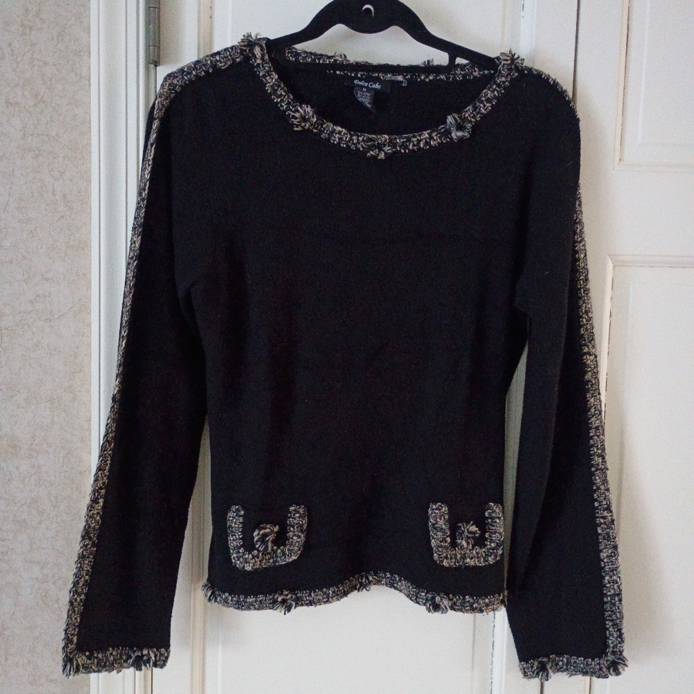 Dolce Cabo Black Sweater with Cream Trim.Pit To pit 19"